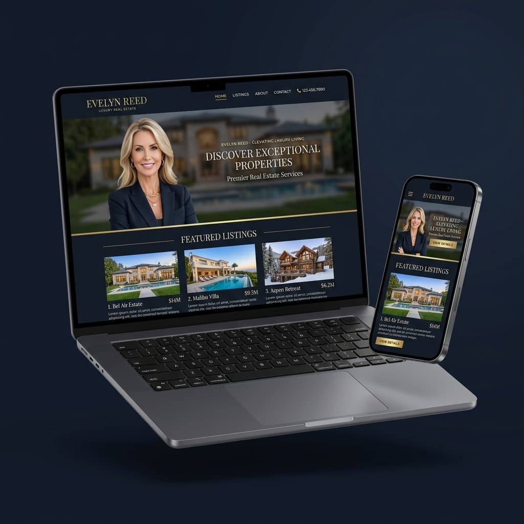 LuxeSites platform preview showing a premium real estate agent website on laptop and phone